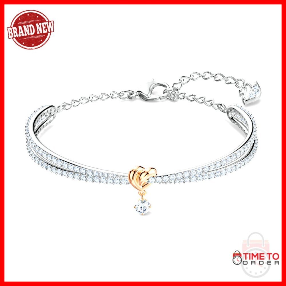 Crystal Heart Bangle Bracelet, Rhodium Finish, Lobster Clasp, Gift Ready